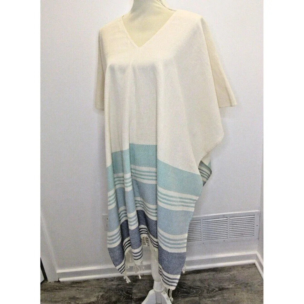 Womens OS Cream Blue Stripes Fringe Poncho Beach Caftan Coverup Boho Tribe Alive - Picture 3 of 11